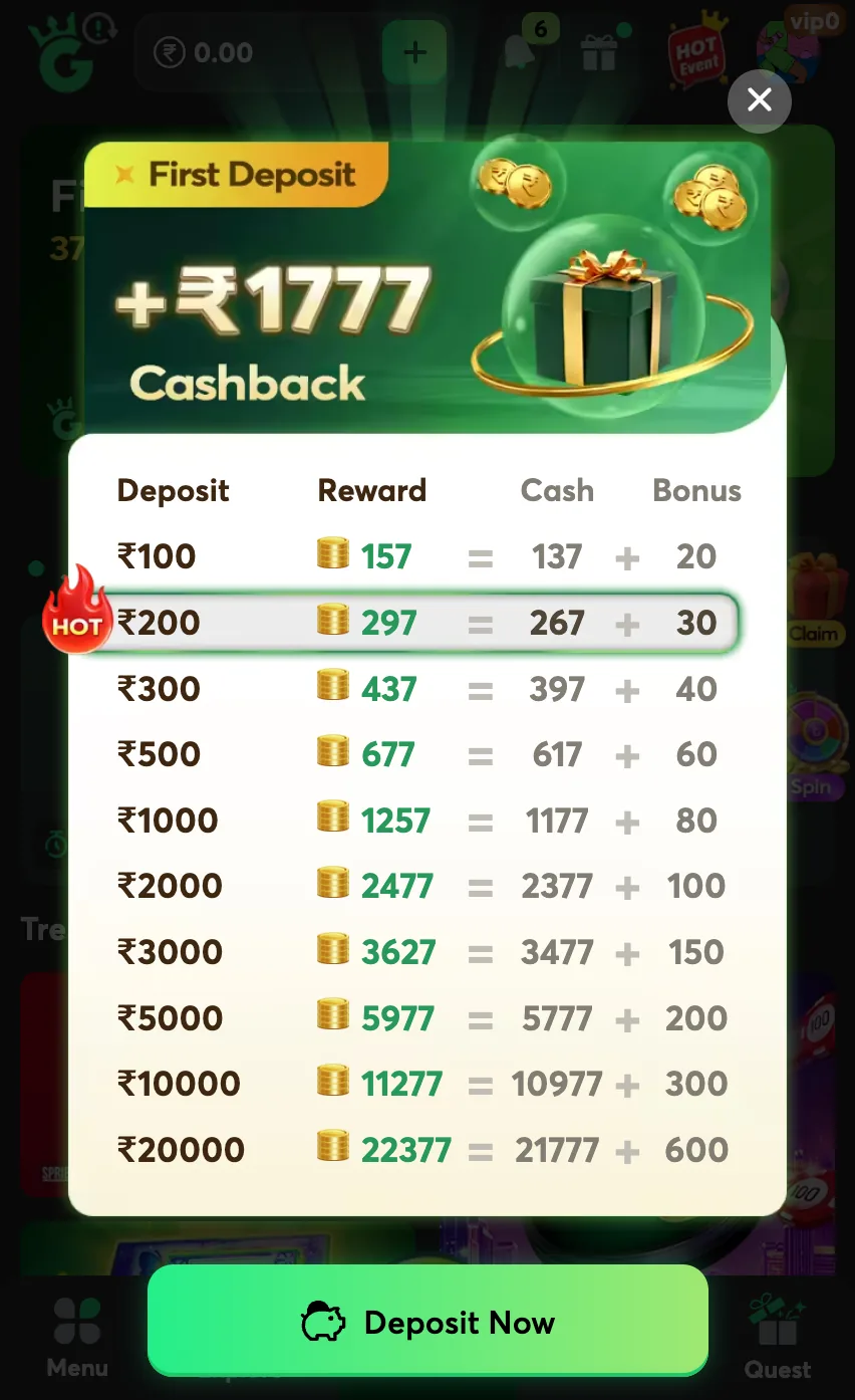 All You Game first deposit cashback table up to 1777 rupees