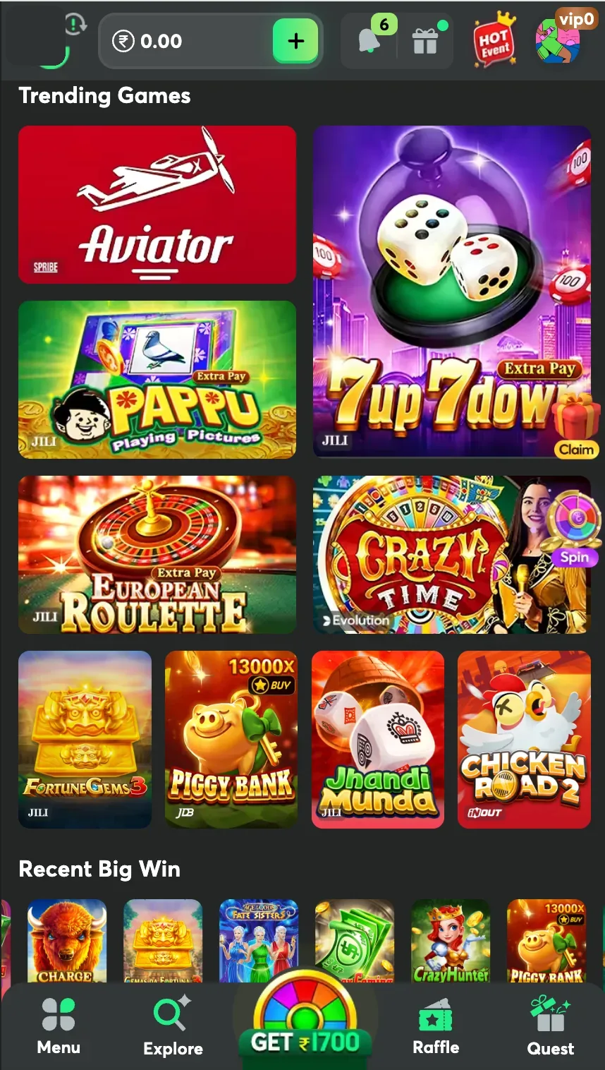 Trending games lobby after login
