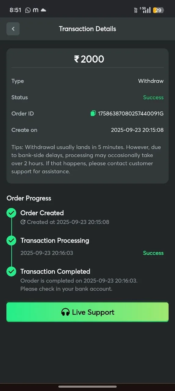 All You Game UPI withdraw Success ticket for 2000 rupees dated 23 Sep 2025
