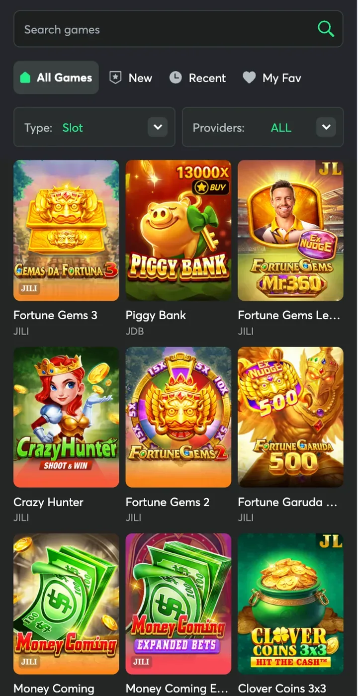 Slots lobby with Fortune Gems and Money Coming